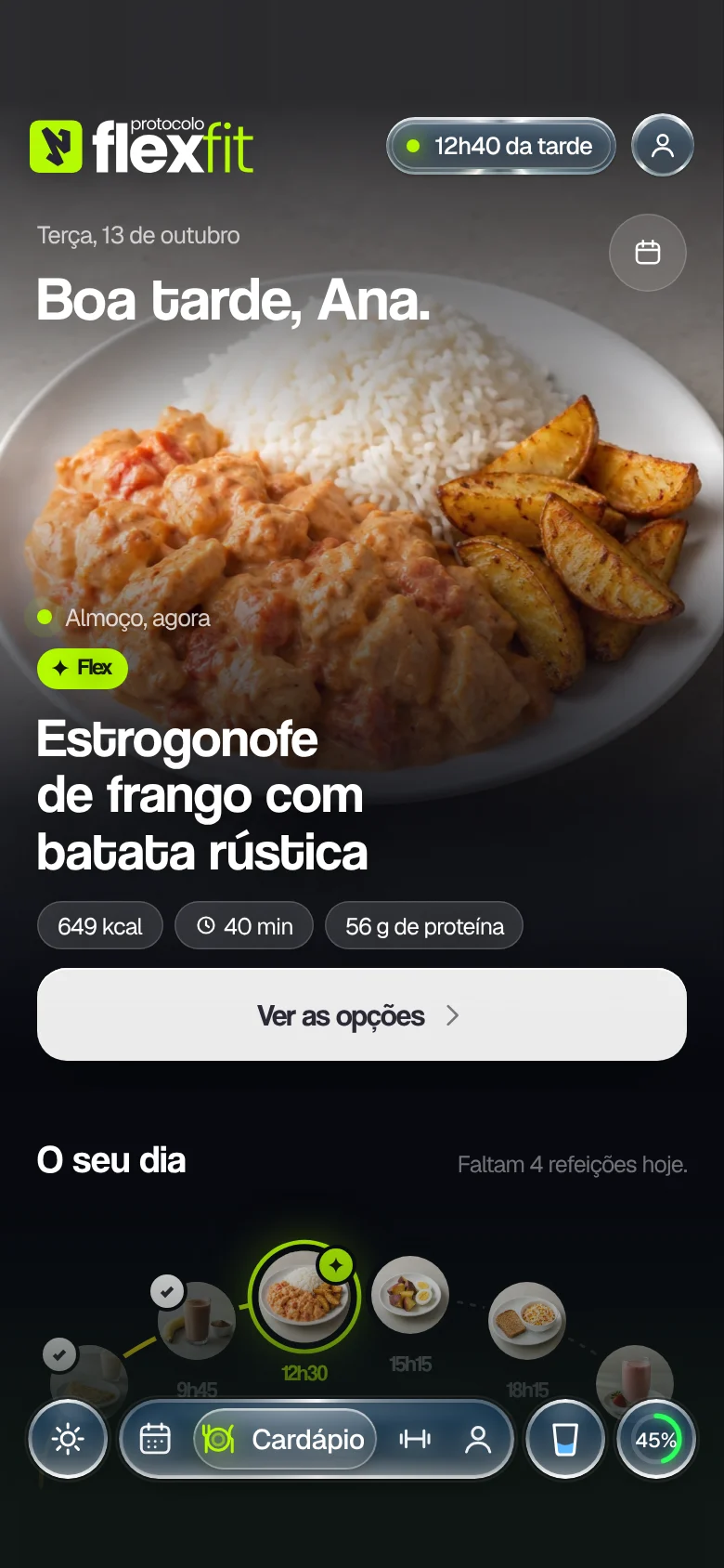 Cardápio do FlexFit com o almoço do dia